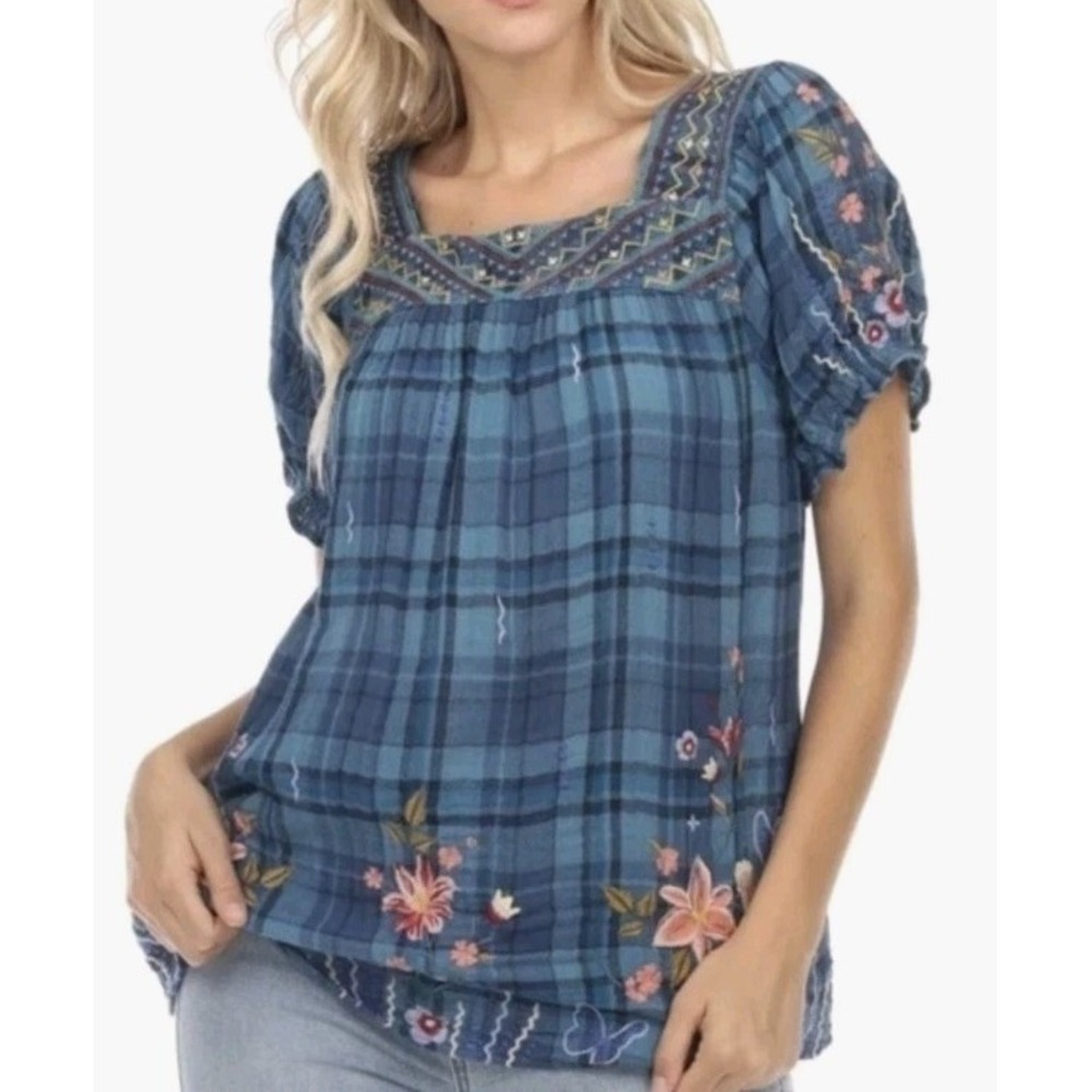 JOHNNY WAS Aimee Peasant Blue Embroidered Puff Sleeves Top Shirt Woman M Boho
